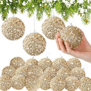 Lyrow 24 Pcs 3.15" Glitter Christmas Ball Ornament Set Christmas Ball Bulk Xmas Sequin Foam Hanging Ornament Decorative Hanging for Tree Party Holiday Decor(Ab White)