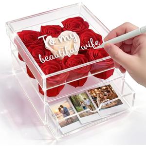MENANA Mothers Day Roses Gifts for Mom, Wife - 9 Roses Preserved Flowers in A Box - Anniversary, Mothers Day, Birthday Gifts for Her Girlfriend Grandma Aunt Sister - Red Roses in Acrylic Keepsake Box