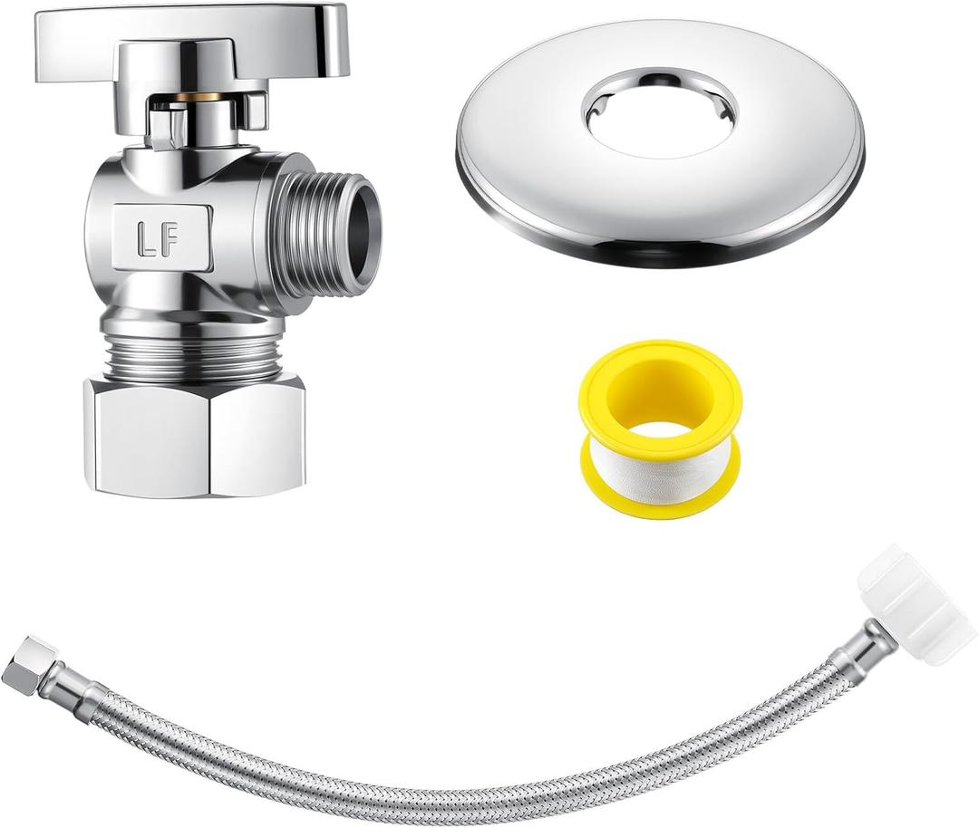 1 Pack Complete Toilet Valve Set, Includes 1/2'' Nom Inlet x 3/8'' OD Compression Outlet Angle Shut Off, Stainless Steel Toilet Water Supply Line, Escutcheon Plate, Sealing Tape (12 Inch)