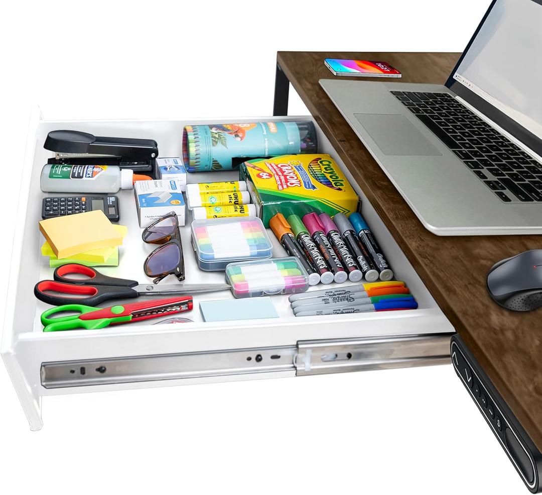 Large 23.6 Inch White Under Desk Drawer Slide Out, Great For The Office, Home And Workspace. Pencil & Undermount Pull Out Under Counter Workbench Attachable Drawer, Made Of Carbon Steel