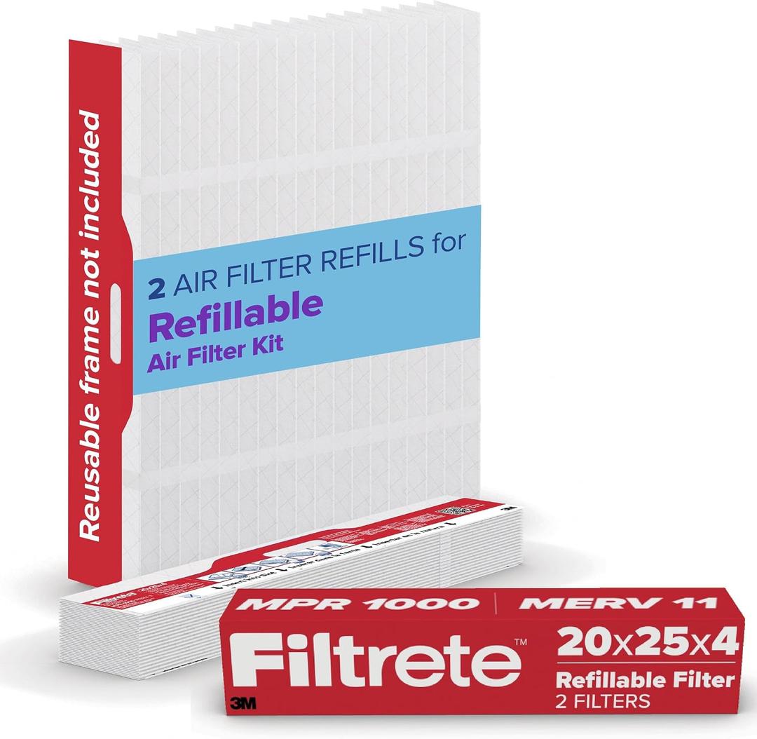 Filtrete 20x25x4 Refillable Air Filter replacement, MPR 1000, MERV 11, Allergen Defense, 2 Pack, use with reusable air filter frame of Filtrete Refillable Air Filter Kit 20x25x4, for HVAC, Furnace, AC