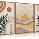 3Pcs Framed Boho Abstract Wall Art Orange Rainbow Sun Desert Minimalist Picture Mid-Century Modern Poster Prints Neutral Botanical Geometric Canvas Painting Wall Decor for Living Room 16L" x 12W"
