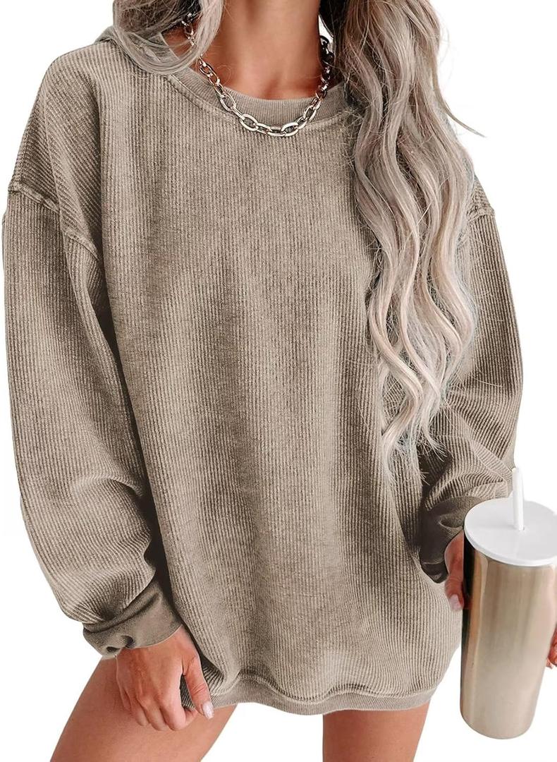 Women's Casual Corduroy Sweatshirts 2025 - Comfortable Long Sleeve Crewneck Pullovers for Fall and Winter (Khaki, Large)