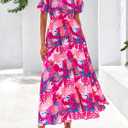 BTFBM Womens Spring 2026 Casual Maxi Dresses Short Sleeve Smocked Tiered Floral Boho Long Beach Dress with Pockets (S)