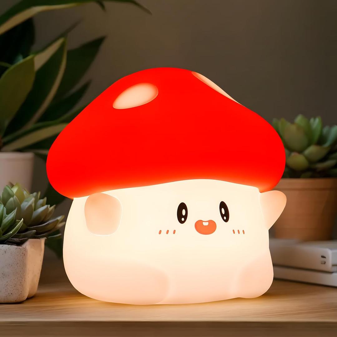 Mushroom Night Light, Squishy Silicone Lamp - Tap Control 2 Brightness, 50H Battery & Auto Timer, Cute Valentines Gifts for Kids, Bedside Nursery Desk Mushroom Decor