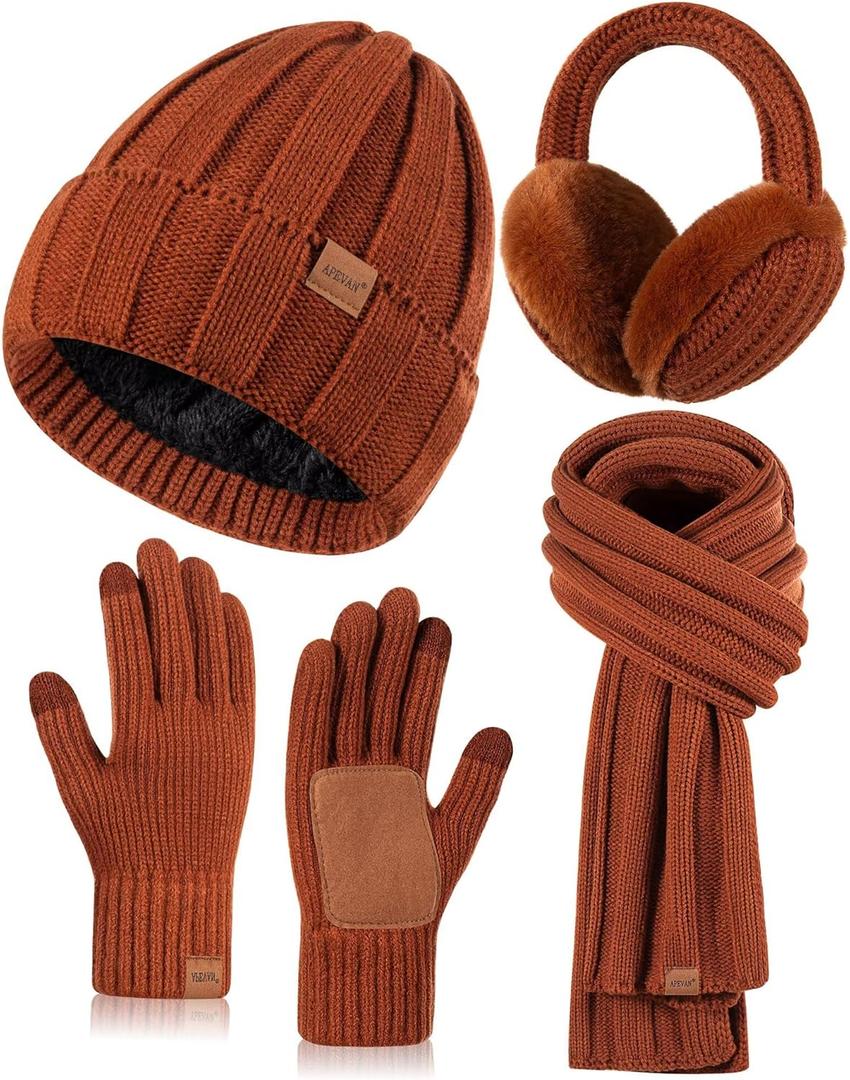Winter Hat Gloves Scarf Earmuffs Set for Women, Fleece Lined Beanie Long Scarf Touchscreen Gloves Ear Warmer, 4 in 1 Gift Set (Dark Orange)