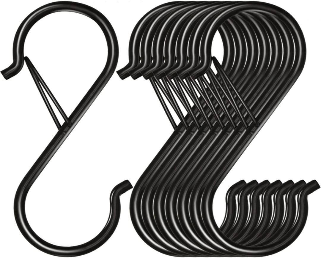Waitkey 8 Pack S Hooks for Hanging, 3.5 inch Heavy Duty Metal S Hooks with Safety Buckle S Shaped Hooks Pot Rack Closet Hooks for Hanging Plants, Clothes, Kitchen Utensil, Pots, Pans, Bags (Black)