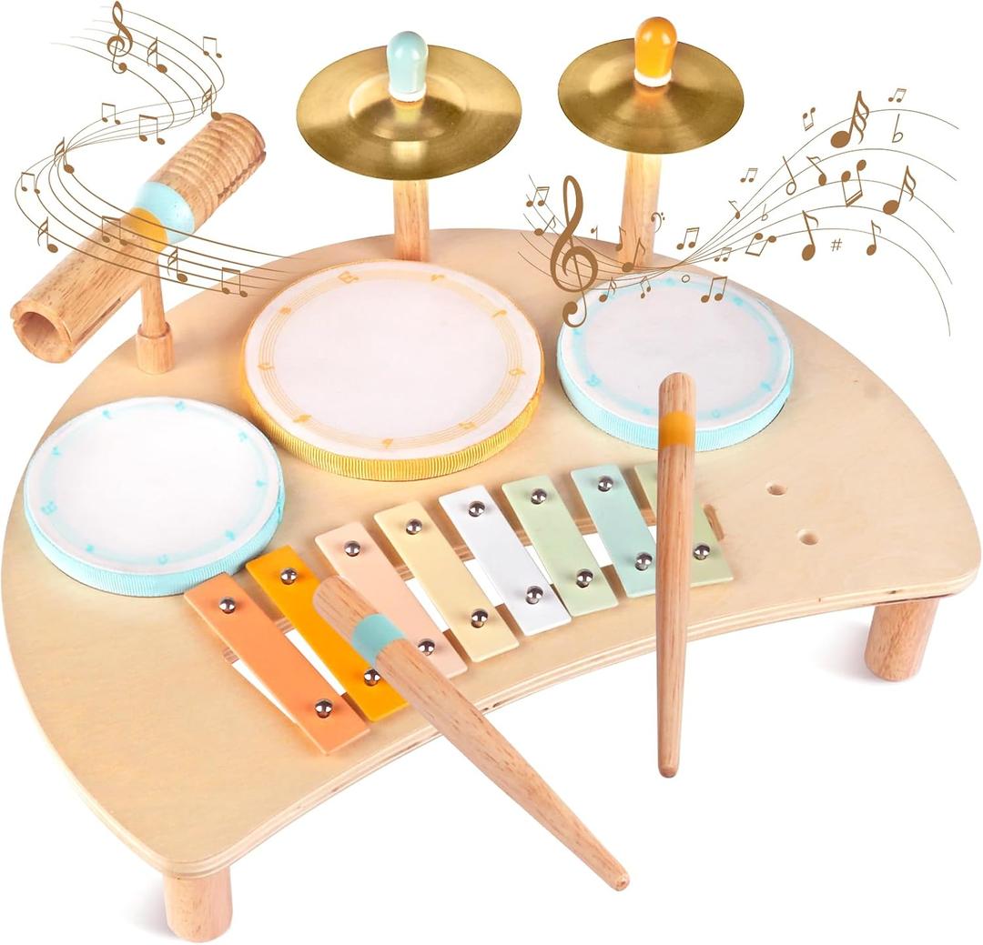 Toddlers Drum Set Toys for Toddlers 1-3,Baby Drum with Xylophone, Musical Instruments Toy, Kids Wooden Montessori Toys Birthday Gift for Boys Girls