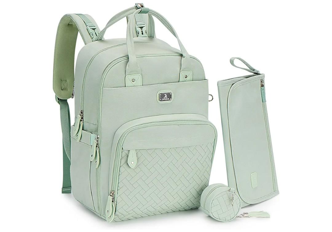 Dikaslon Diaper Bag Backpack with Portable Changing Pad, Pacifier Case and Stroller Straps, Large Unisex Baby Bags for Boys Girls, Multipurpose Travel Back Pack for Moms Dads, Mint Green