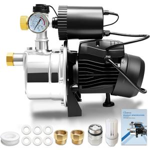 3/4 HP Shallow Well Pump with Pressure Tank, 1050 GPH Stainless Steel Self-Priming Water Pressure Booster Jet Pump, Auto ON/OFF Dual Sensor Flow & Pressure Switch for Whole House, Garden, Lawn