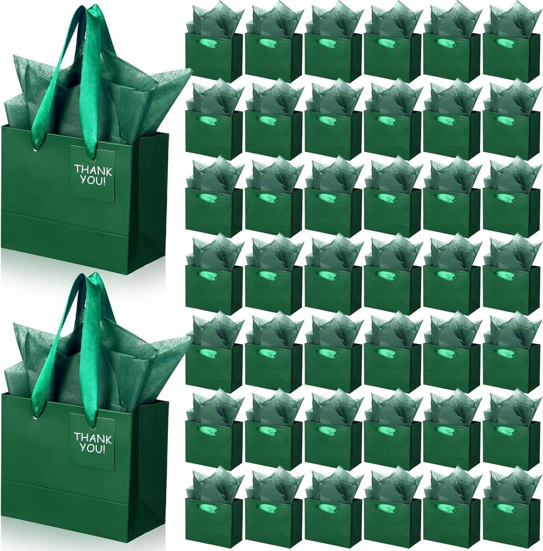 Zhanmai 100 Pcs 4.7 x 2.4 x 3.9 Inch Mini Gift Bags Bulk with Tissue Paper Small Kraft Paper Bag with Handle Gift Tag for Birthday Party, Wedding, Graduation, Mother's Day, Father's Day(Dark Green)