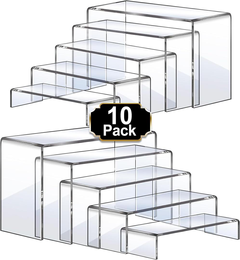 Aheroi Large Acrylic Risers, 10 Pcs 2 Set(7L~8L~9L) Riser Display Shelf, Clear Rectangular Display Stands Set, Transparent Shelves for Decor, Showcase Holder for Cupcake