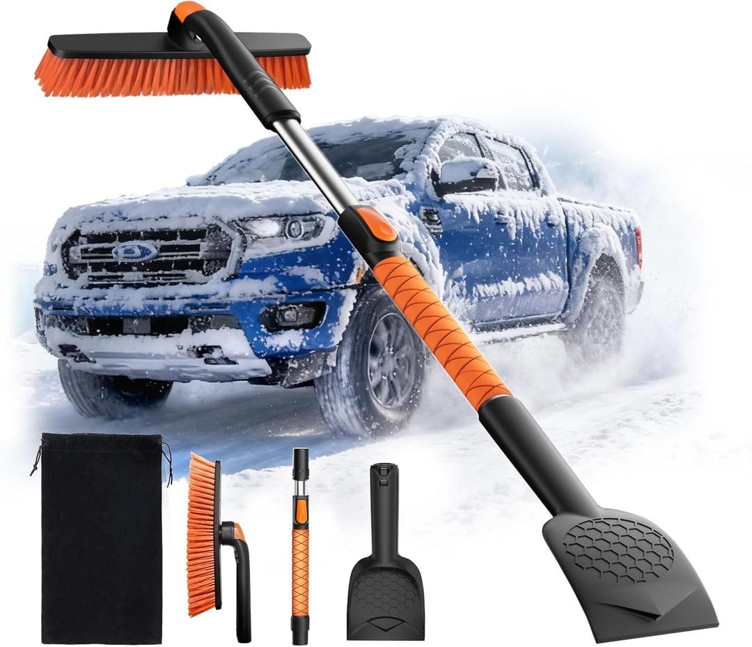 AMADAW 45" Extendable Snow Brush and Ice Scrapers for Car Windshield [360° Rotating Snow Brush Head] MilitaryGrade Sturdy Ice Scraper for Sedans, SUVs and Trucks Easy Storage Orange