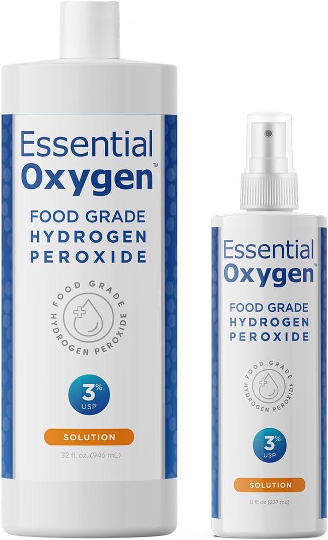 Essential Oxygen, Food Grade Hydrogen Peroxide, 8 + 32 fl oz, Natural Cleaner, 3%, 1 - 8 fl oz spray and 1 - 32 fl oz bottle, Refill, HP (Pack of 2)