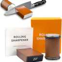 Rolling Knife Sharpener Tool Kit,Rolling Knife Sharpener for Straight Edge with 15 & 20 Degree Angles,Rolling Knife Sharpening Kit with Diamonds Discs for Kitchen Knives-Wood grain black leather