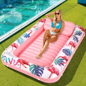 Tanning Pool Floats for Adults with Cup Holder & Pillow, Thick UV-Resistant PVC Portable Float for Backyard, Pool, Lake - Compact Design, Easy Inflation, Durable for Tanning & Relaxation, Large