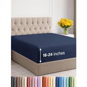 Extra Deep Queen Fitted Sheet - Hotel Luxury Single Fitted Sheet Only - Easily Fits 18 inch to 24 inch Mattress - Ultra Soft, Wrinkle & Fade Free w/Extra Deep Pockets - Breathable & Comfy - Navy Blue
