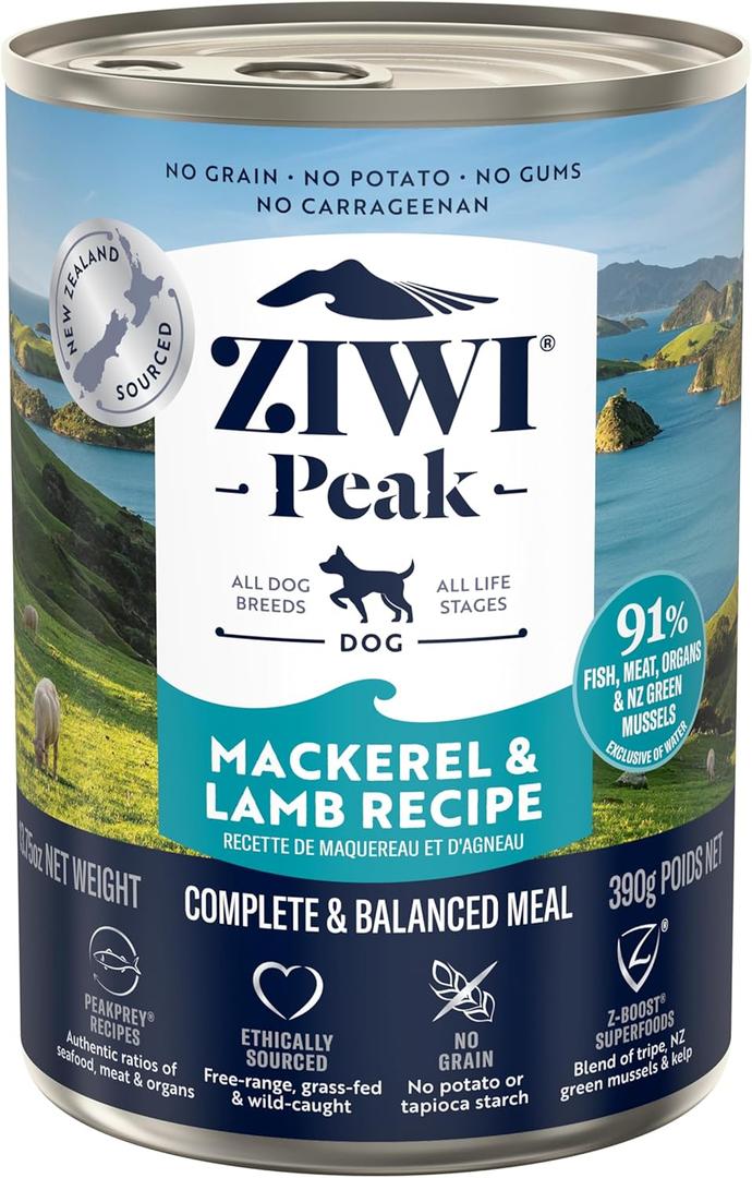 ZIWI Peak Canned Wet Dog Food  All Natural, High Protein, Grain Free, Limited Ingredient, with Superfoods (Mackerel & Lamb, Case of 12, 13.75oz Cans) (EXP 08/07/28)