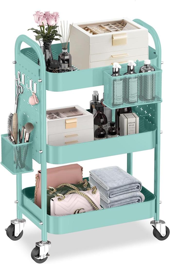 ALVOROG 3 Tier Rolling Cart with DIY Pegboards Metal Utility Cart with Wheels Handles Baskets Hooks, Craft Cart for Office Kitchen Bathroom, (Tiffany Blue)
