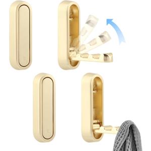 Restynic 4PCS Folding Coat Hooks, Zinc Alloy Foldable Wall Hooks, Folding Wall Hook for Bathroom, Kitchen, Bedroom, Space-Saving, for Hanging Coats, Scarves, Hats, Bathrobes, Keys, Bags(Gold)