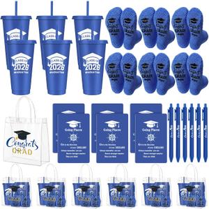 LemonRoad 30 Pcs Class of 2026 Blue Graduation Gift Bulk Congrats Grad PVC Gift Bag and Socks Plastic Tumblers with Lid and Straw Ballpoint Pens Inspirational Notepads Graduation Party Favors