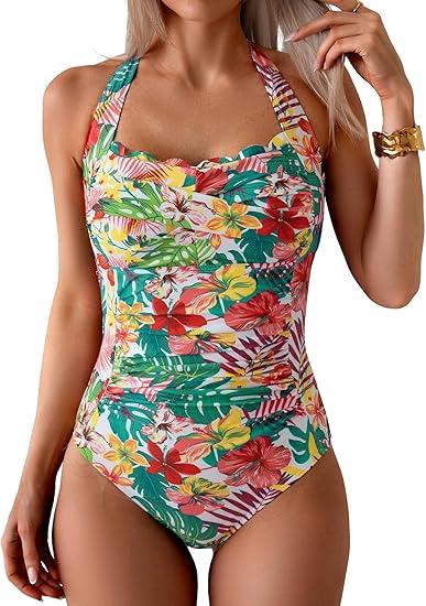 Eomenie Women One Piece Tummy Control Swimsuit Halter Scallop Trim Bathing Suits 1 Piece Vintage Ruched Slimming Swimwear Size XL