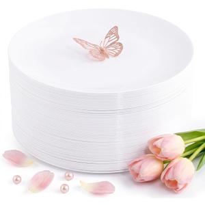 Hioasis 100pcs White Plastic Plates for Party - 7.5" Dinner Plates Disposable, Heavy -duty, Classy and Elegant for Wedding and Wedding