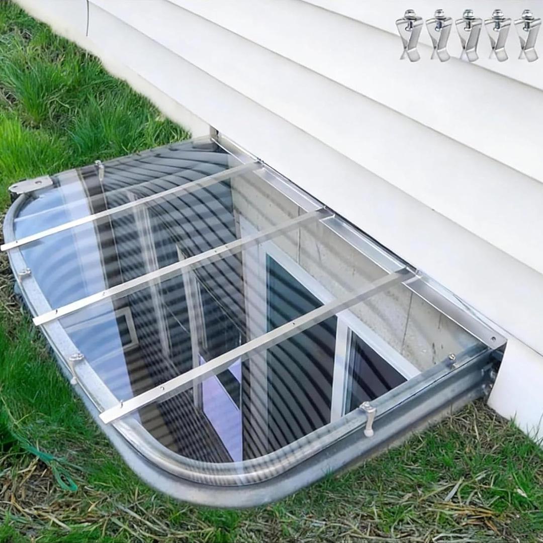 Vercraft 55" Length x 26" Width Heavy Duty Polycarbonate Egress Window Cover Sloped Window Well Covers Outside with clips UV Resistant Windproof Waterproof for Garden Yard Patio