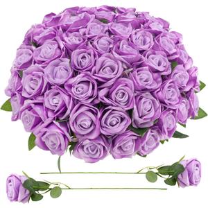 90 Pcs Purple Velvet Rose Artificial Flowers with Long Stems, Fake Silk Roses Real Touch Fake Roses Florals for Birthday Wedding Bouquet Party Arrangement Decorations