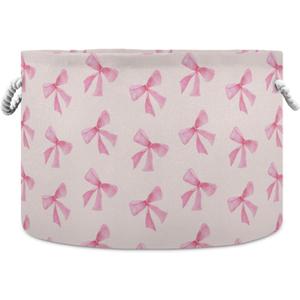 Burbuja Pink Bow Round Storage Basket with Cotton Rope Handles, Laundry Basket for Blankets, Toys, Nursery, Living Room Decoration (A61)