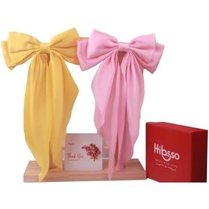 Pack Of 3 HIBASSO Hair Bows - Elegant Satin Pink and Yellow Bow Set, 2pcs Hair Bows for Women and Girls, Stylish Pink Bow and Girls Hair Bows, Perfectly Packaged Hair Bow Gift Set
