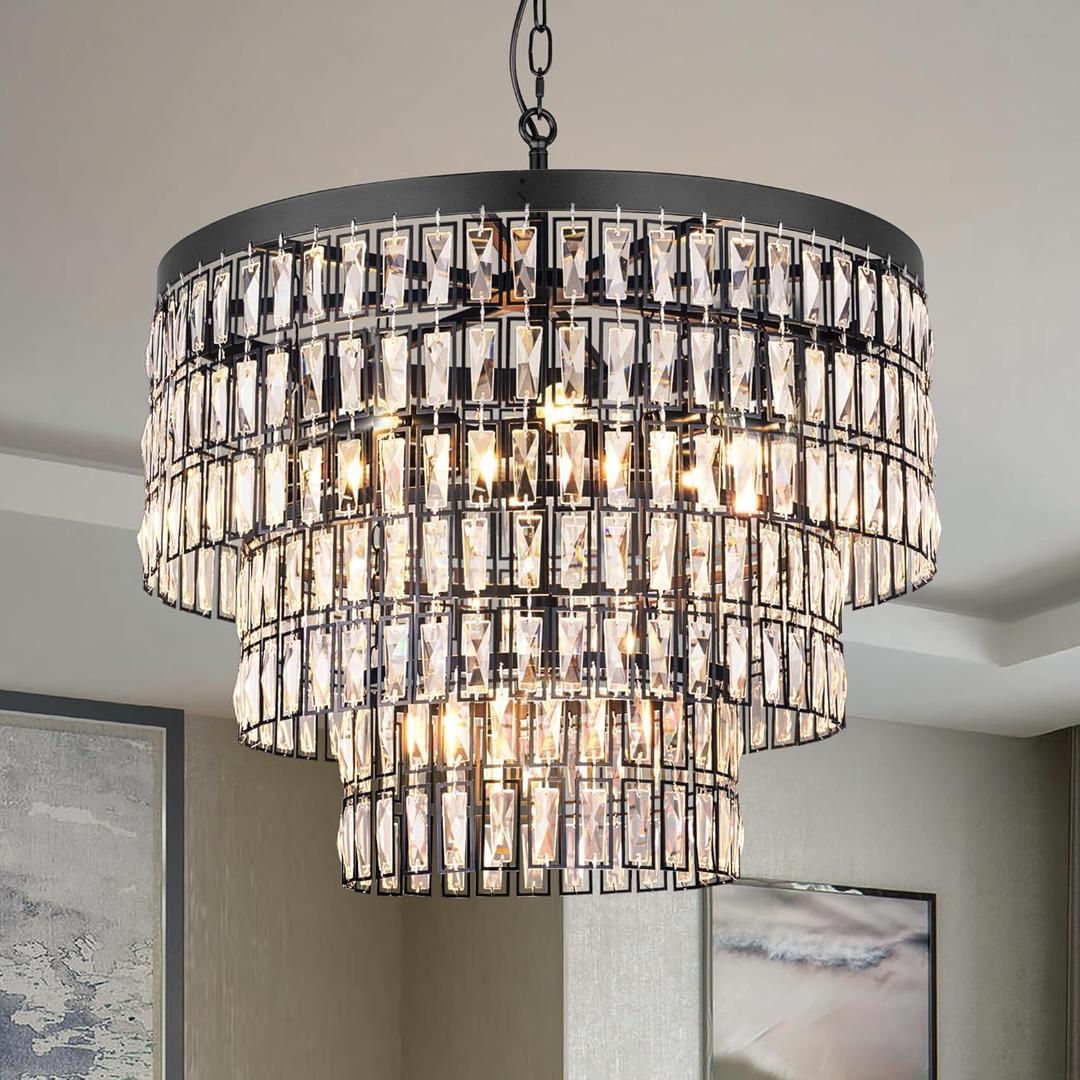 Wellmet 3 Tiers Black Modern Crystal Chandelier, 9 Lights Farmhouse Ceiling Light Fixture for Dining Room, Adjustable Hanging Pendant Lighting for Kitchen Island, Living Room, Entryway, Foyer, W-24in