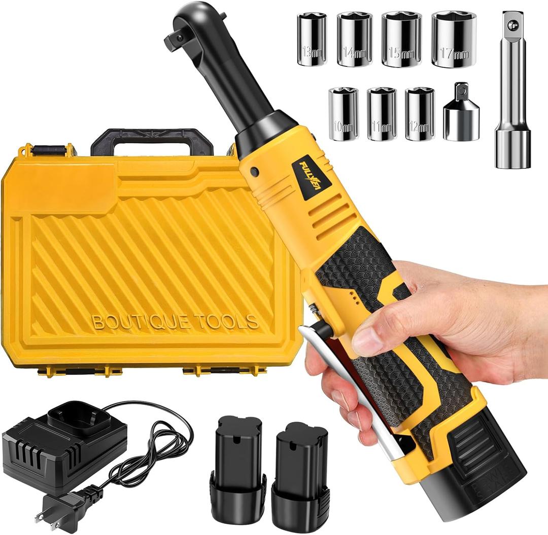 FULLYEA Cordless Electric Ratchet Wrench Set, 550RPM, 45Ft-lbs, 16.8V Extended cordless ratchet wrench 3/8, Power Ratchet with Variable Speed, 1/4" Adapter, 2 * 2.0Ah Battery and Fast Charger(Yellow)