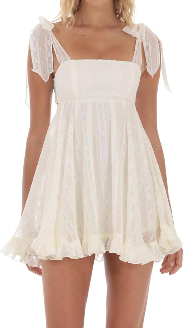 Women's Babydoll Mini Dress Shoulder Tie Strap Backless Short Flowy Dress Summer Casual Beach Vacation Sundress Outfit (White/Cream)