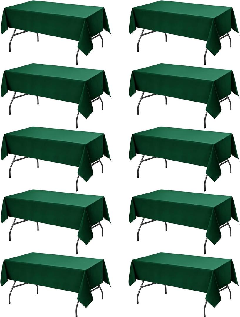 10-Pack Hunter Green Tablecloths for Rectangle Tables, 60 x 102 Inches, Stain-Resistant Polyester Fabric for 6 Foot Tables - Washable Table Covers for Weddings, Birthday Parties, Events