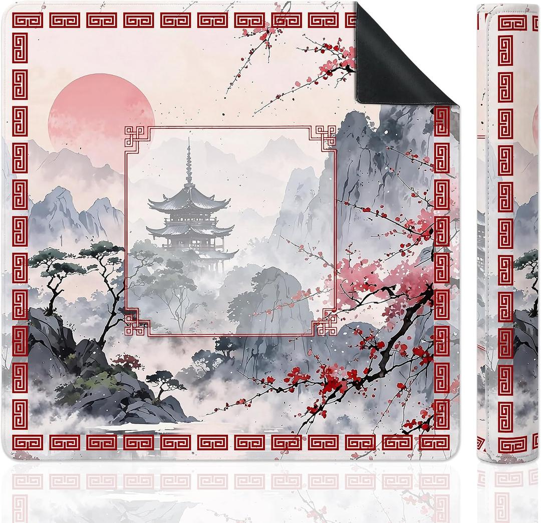Chinoiserie Mahjong Mat for Table, Traditional Chinese Red Cherry Blossom Sunset Mountain 31.5" x 31.5" Non-Slip & Noise Reduction Mahjong Mat for Poker Dominoes Cards & Board Games