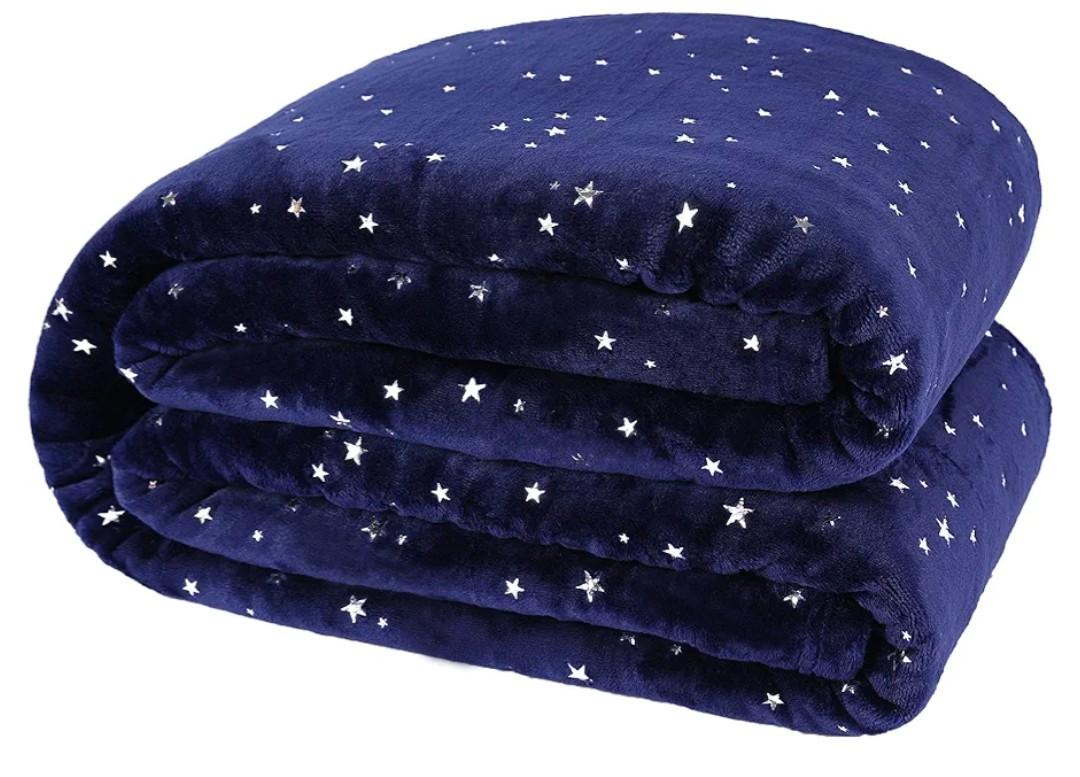 Fleece Blankets 66" X 78" Star Foil Print,Luxury Cozy Microfiber Blanket,Super Soft Flannel Fuzzy Blanket,Navy Blue