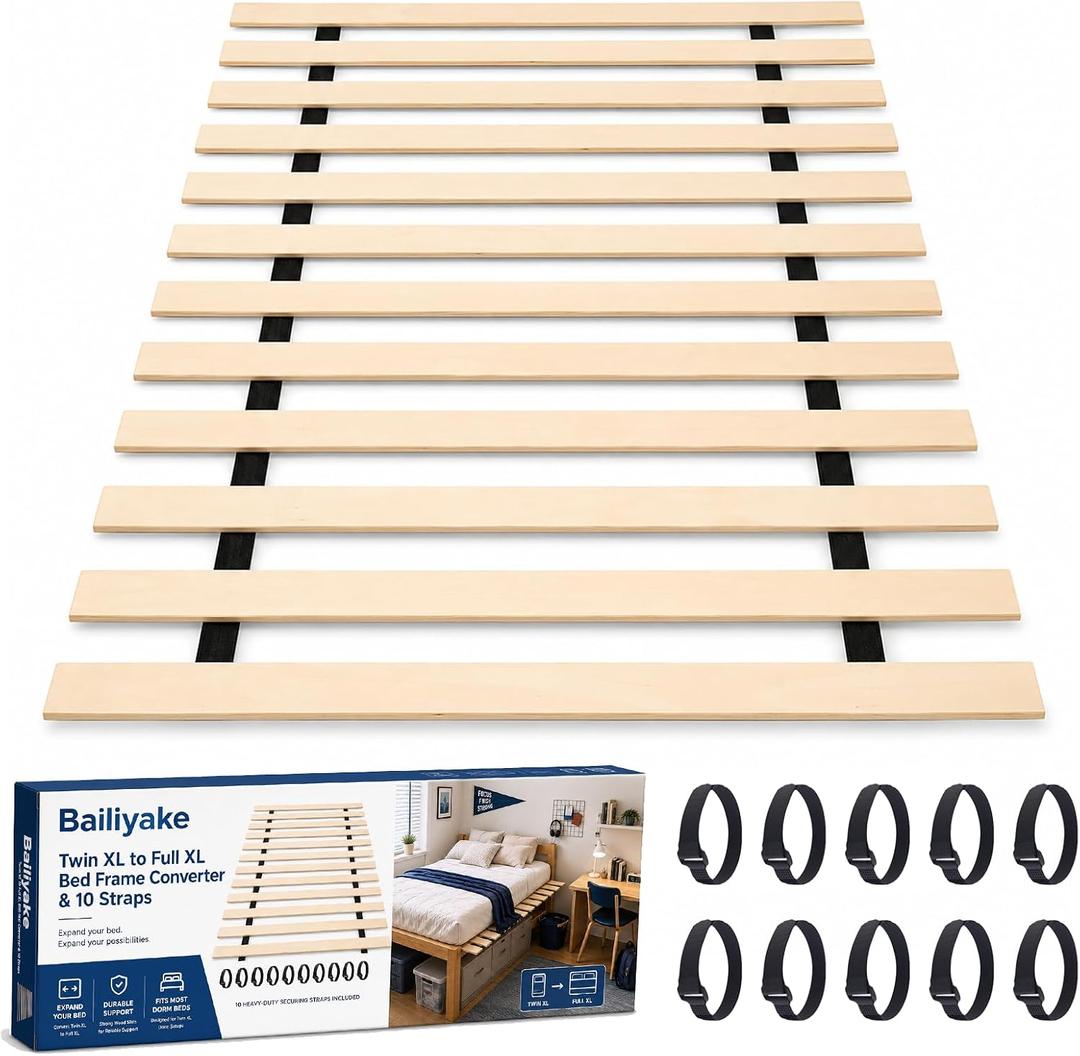 Twin XL to Full XL Bed Frame Converter with 10 Straps, 54 x 80 Inch Foldable Wood Bunkie Board, Heavy Duty Wooden Bed Slats Extension for Mattress Support, Dorm Bed Upgrade & Extra Sleeping Space
