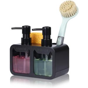 Dish Soap Dispenser for Kitchen Countertop with Sponge Caddy and Brush Holder - Refillable Non-Slip Dual Pump 4-in-1 Dispenser Soap Dispenser for Kitchen Sink, Essential Kitchen Gadgets  Black