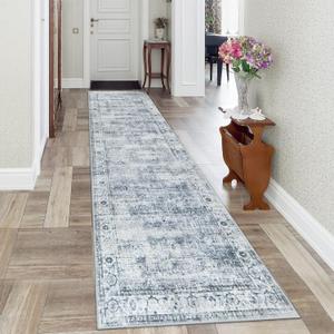 Morebes Vintage 2x10 Runner Rug for Hallway Non Slip,Washable Long Kitchen Rugs Runners,Soft Distressed Non-Shedding Carpet Runner Rug for Entryway Indoor Foyer Playroom,Blue-Gray (Grey-blue/Multi)