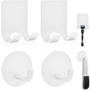 Razor Holder for Shower + Adhesive Wall Hooks, Premium 304 Stainless Steel Shower Razor Holder with Heavy Duty Waterproof Sticky Hooks for Hanging Towels, Coat, hat (2+2 Pack)-White (White-4pcs)