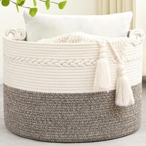 67L Large Blanket Basket, 20"x13" Woven Storage Baskets With Handle, Cotton Rope Blanket Basket Living Room, Baby Laundry hamper for Blanket, Nursery, Toy, Pillow (White & Grey)