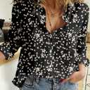 2 x Dokotoo Women's Casual V Neck Alicia Floral Print Roll Up Long Sleeve Chiffon Button Down Blouses Bohemian Top Shirts