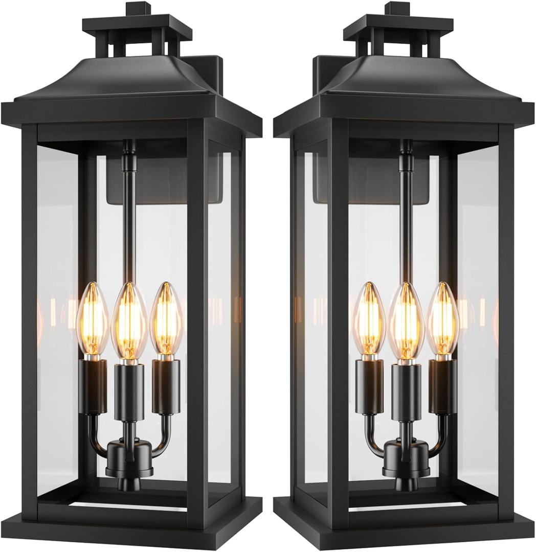 20" Large Outdoor Light Fixtures 3-Light 2 Pack, Black Outside Modern Porch Lights for House, Exterior Wall Sconce Lanterns Wall Mounted Waterproof Outdoor Coach Lamps for Garage E12