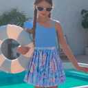 Girls Swimsuit One Piece Swimwear Top with Tropical Print Cover Up Skirt Girls Bathing Suit 7-16 Years (9-10 Years, Blue)