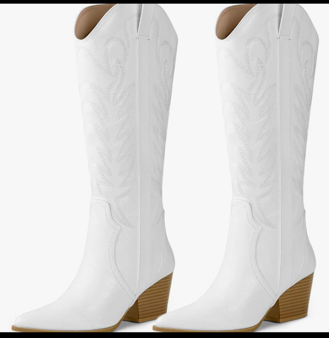 Arromic Cowboy Boots for Women Comfortable Womens Embroidered Western Cowgirl Knee High Boots Pointed Toe Zipper Chunky Heel Country Outfit Retro Tall Boots 7