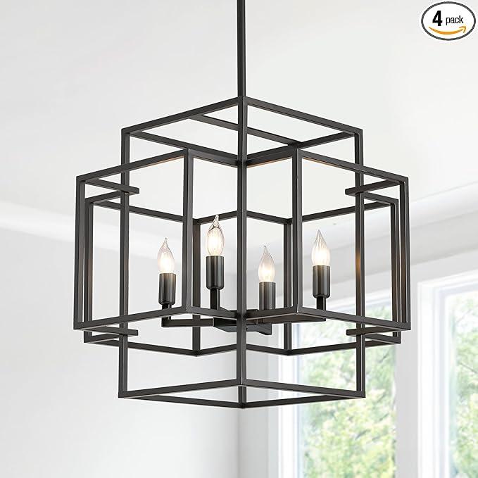 Black Farmhouse Chandelier Light Fixture: 4-Light Rustic Industrial Lantern Pendant Lighting Large Metal Cage Hanging Lights for Dining Room Kitchen Island Entryway Living Room Bedroom Staircase
