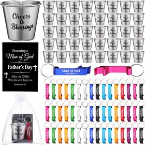 50 Pcs Bulk Father's Day Christian Gift Set 2 oz Stainless Steel Shot Glasses with Metal Bottle Opener Bible Verse Cards Men of God Religious Presents for Father Dad Church Party Favors