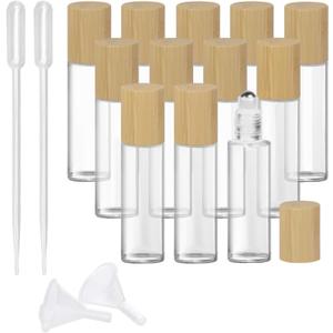 Glass Roll On Bottle with Bamboo Lid for Essential Oils, Creatiee Eco-friendly Refillable Clear Perfume Sample Bottles with Stainless Steel Roller Ball - Portable & Practical (12Pcs 15ml Clear)