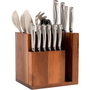 KitchenEdge Acacia Magnetic Knife Block and Cooking Utensil Holder, Sleek Storage for Chefs Knives, Steak Knives, Spatulas, Scissors, Non-Slip Rubber Feet, Easy to Clean, Kitchen Countertop Organizer